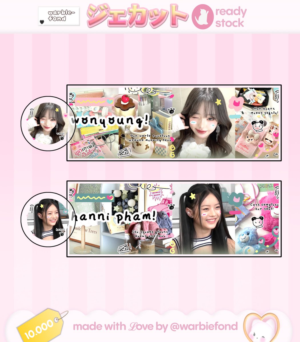 hi, earthlings! 💛 warbie punya layout ready stock wonyoung &amp;&amp;. hanni nih, khusus untuk kamu 💬🎀 prici ada dipict sudah include free retext, yaa 📝  grab yours now! 🚨💨 #zonauang