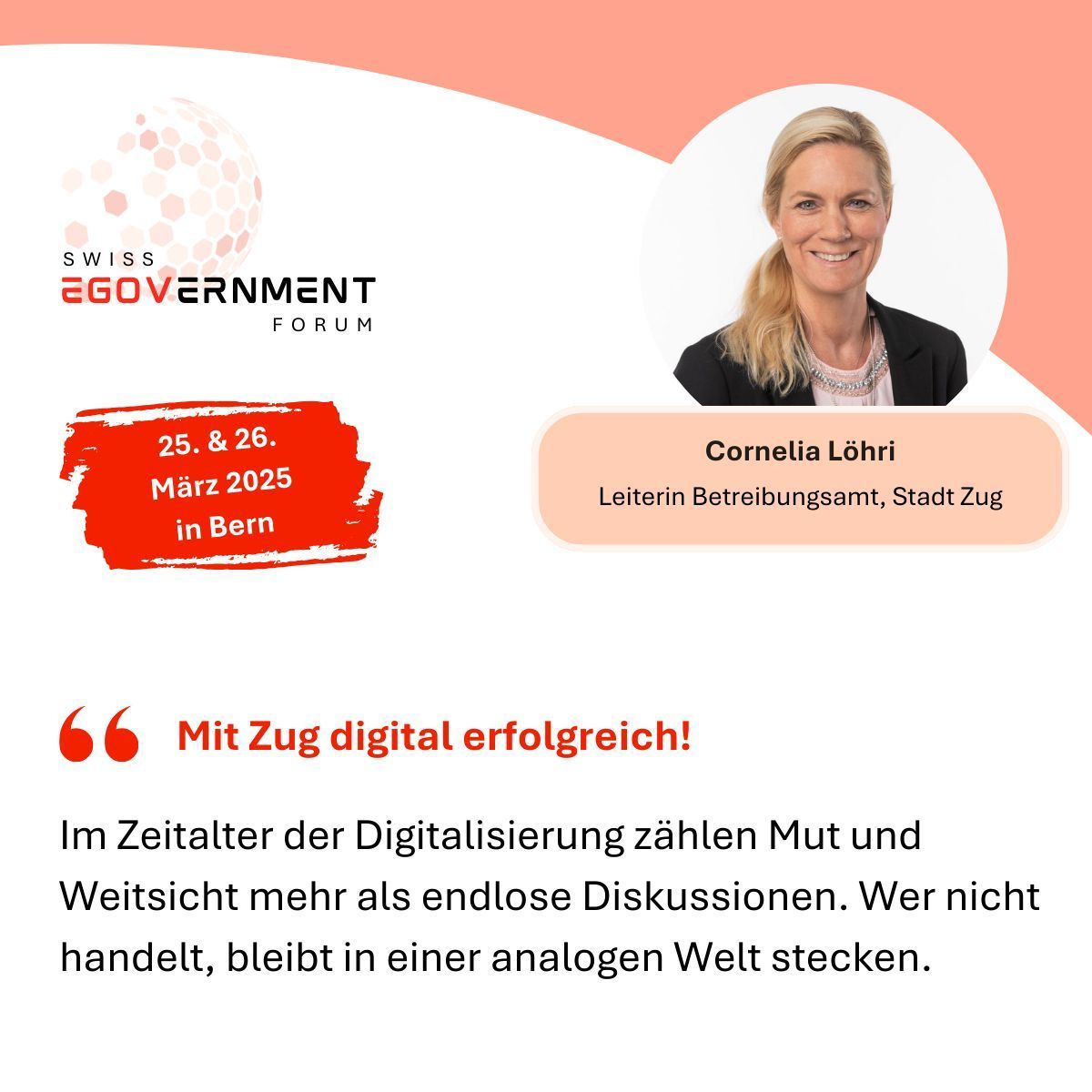 Wir freuen uns, Cornelia Löhri als Keynote Referentin am Swiss eGovernment Forum 2025 zu begrüssen. Entdecken Sie das Programm und sichern Sie sich noch heute Ihr Ticket: buff.ly/3MwBwdI

#swissegovernmentforum #egov #Verwaltung #Gemeinde #Behörden #Stadt #Kanton #Bund