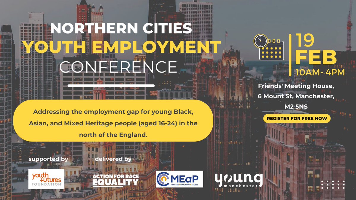 AREtweets_'s tweet photo. 📢 Join us at the Youth Employment Conference in Manchester.
We’ve partnered with orgs in the North to tackle the #employment gap for young Black, Asian, &amp; Mixed Heritage people (16-24).
📅 19 Feb 2025
🕒 10am–4pm
📍 Friends’ Meeting House,M2 5NS
Register: https://t.co/qZdUVin6uX https://t.co/5yzRwna1ZD
