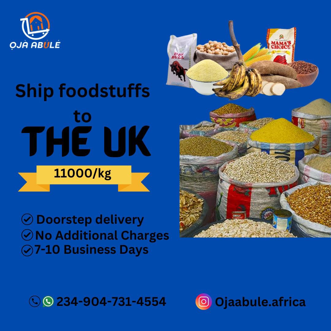 OjaAbule's tweet photo. Ship your favorite foodstuffs from Nigeria to the UK effortlessly! 

Enjoy doorstep delivery at just ₦11,000/kg with no additional charges. 
From yams to spices to snacks, get everything delivered within 7-10 business days!

Order now and bring a taste of home closer to you! 🌍 https://t.co/ecnmvLycm5