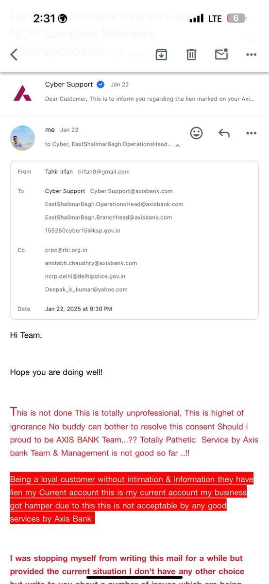 Tahirirfan1's tweet photo. @RBI @AxisBank @AxisBankSupport @AmitabhChaudhry @CybercrimeCID @CyPAD_Delhi @KarnatakaCops  @Deepakkumar0607 
Hi all without intimation my account got lien status not getting updated over the email. Still my issue unresolved kindly unlisted lien status of my current a/c https://t.co/cYSBVdpBM1