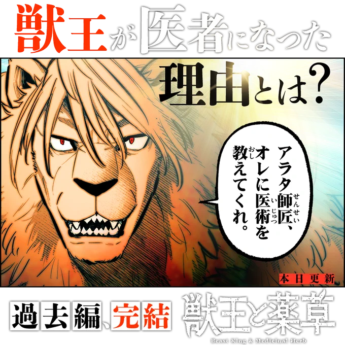 /
本日更新⭐️
『#獣王と薬草』
\

獣王が、医者になった理由。
そこには彼を懸命に支えた
ひとりの女性の存在があった。

さっそく読む👀
↓↓↓
https://t.co/Oub84DdHVB

#マンガワン 