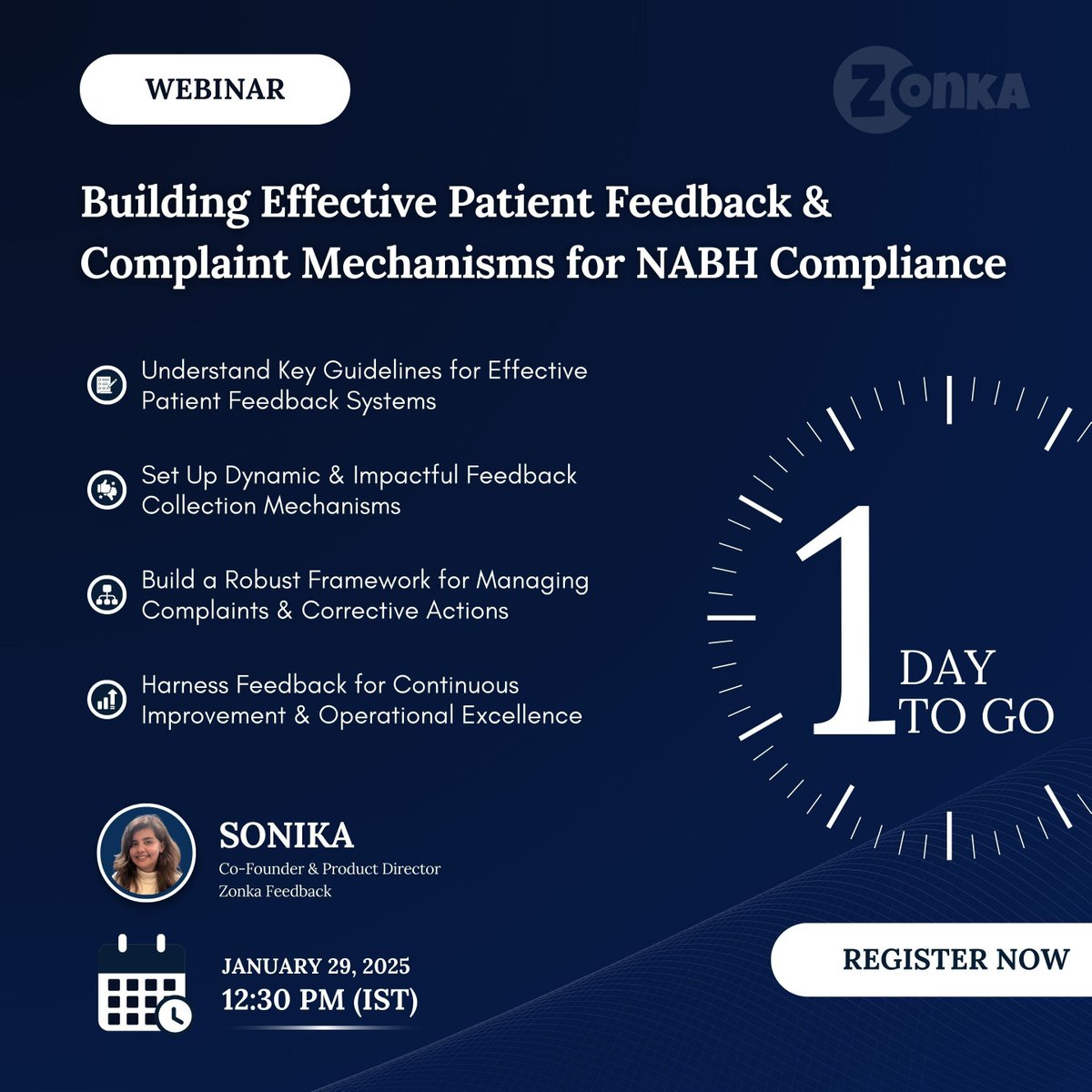 zonkafeedback's tweet photo. 1️⃣ Day to Go! – Master Building Effective Feedback &amp; Complaint Mechanisms 

Join our exclusive #webinar tomorrow, 29th Jan at 12:30 PM (IST) to transform how you collect and act on patient feedback.

Haven’t you registered yet? Here's your last chance: https://t.co/KXx2iue1Xw https://t.co/5GlqRJfUaw