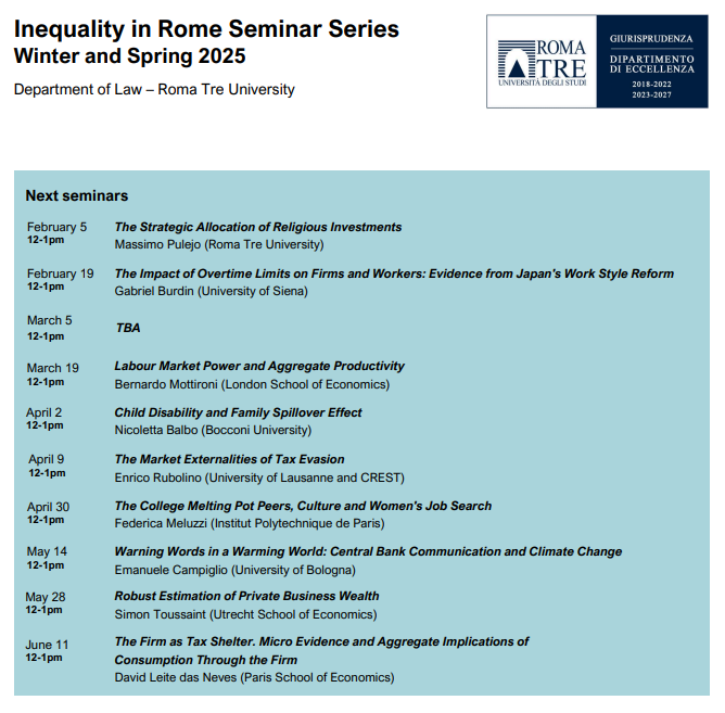 MatteoTarga's tweet photo. 📢 New events in the Inequality in Rome seminar series are out! 
Find all the details here: https://t.co/SSYJELjeB4 https://t.co/52nlVMWqVN