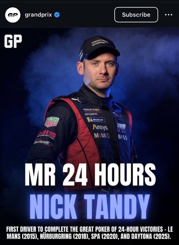 FormerCarPR's tweet photo. I doubt the sports pages are reporting it, but a British driver has just achieved an amazing feat: winning four of the classic 24hr races, including Le Mans. Congratulations @nicktanyr https://t.co/gcC2hsjrlg