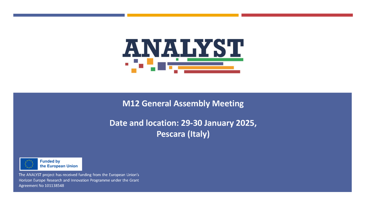 analyst_eu's tweet photo. On January 29-30, 2025, the ANALYST Project team will gather in Pescara, Italy for the 𝐌𝟏𝟐 𝐂𝐨𝐧𝐬𝐨𝐫𝐭𝐢𝐮𝐦 𝐌𝐞𝐞𝐭𝐢𝐧𝐠! Stay tuned for updates and highlights from this important meeting!

#SSbD #CircularEconomy #sustainability https://t.co/BQN7RJNazp