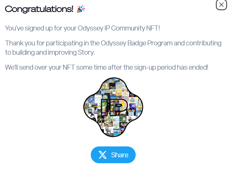 I just signed up for <a href="/StoryProtocol/">Story</a>'s Odyssey Community IP NFT!

Hold any Odyssey Badges? Get yours!