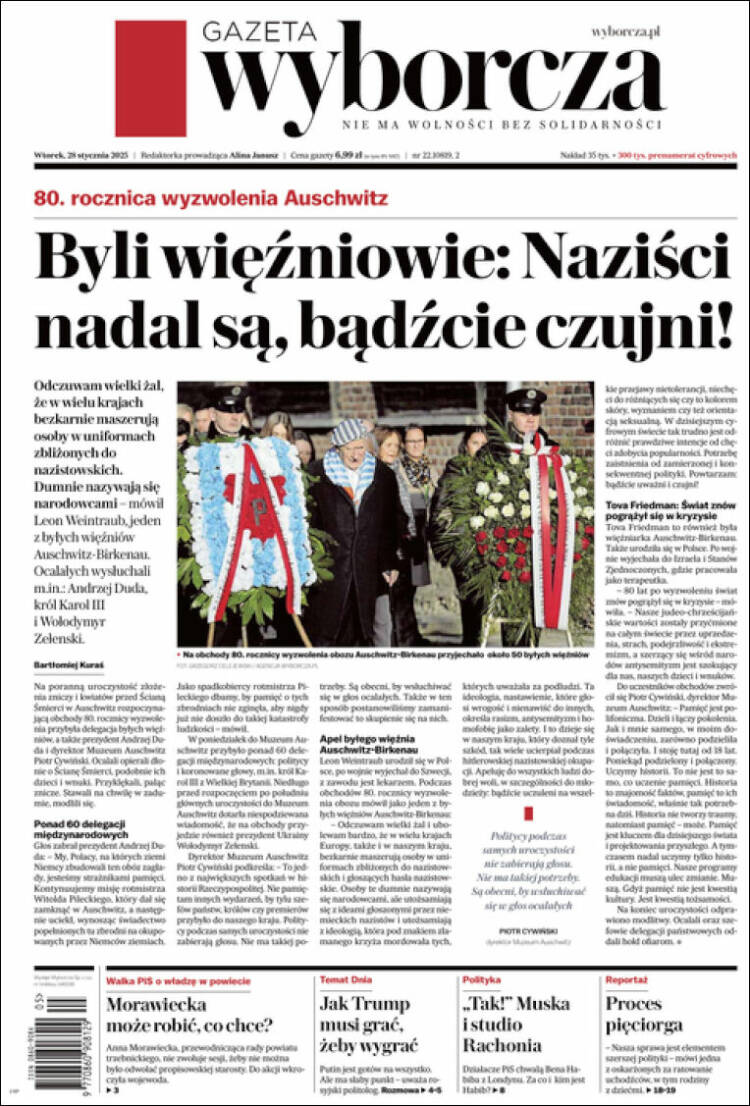 FabienCazenave's tweet photo. Revue de presse européenne du mardi 28 janvier 2025 #EUpress 
- Plusieurs journaux européens sont revenus sur les commémorations des 80 ans de la libération du camp d'Auschwitz. La Wyborcza reprend la parole des anciens prisonniers : "les nazis sont toujours là, soyez vigilants" https://t.co/OvkksxzA19