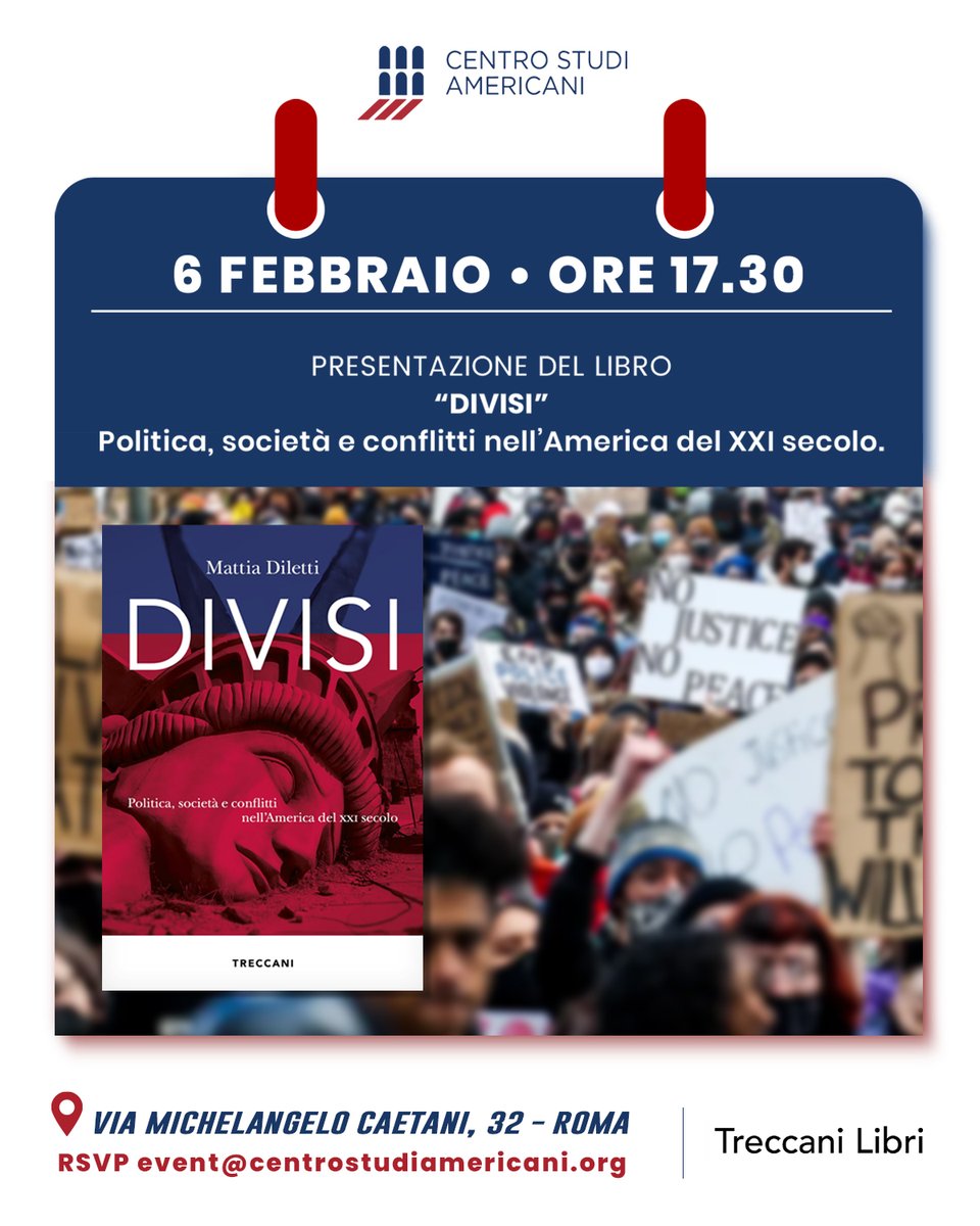 CentroStudiAmericani (@centrostudiusa) on Twitter photo 🗓️ 06 Febbraio - 17:30
📌Presentazione libro "Divisi. Politica, società e conflitti nell'America del XXI secolo" (<a href="/Treccani/">Treccani</a>
INTERVENGONO: l'autore Mattia Diletti, <a href="/AlCiulla/">Alice Ciulla</a>, @stefanofeltri.
MODERA: <a href="/FulvioLorefice/">Fulvio Lorefice</a>
Info su come partecipare ⤵️ 🗓️ 06 Febbraio - 17:30
📌Presentazione libro "Divisi. Politica, società e conflitti nell'America del XXI secolo" (<a href="/Treccani/">Treccani</a>
INTERVENGONO: l'autore Mattia Diletti, <a href="/AlCiulla/">Alice Ciulla</a>, @stefanofeltri.
MODERA: <a href="/FulvioLorefice/">Fulvio Lorefice</a>
Info su come partecipare ⤵️