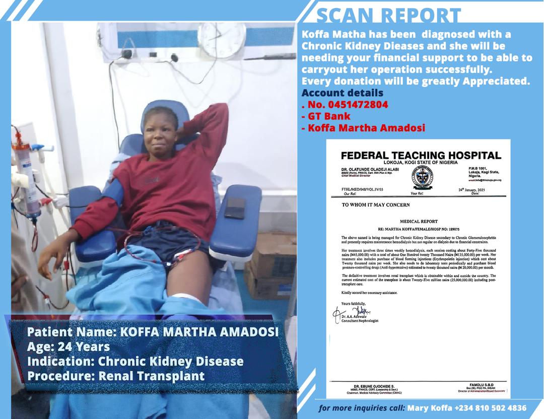 Litubig's tweet image. Our friend &amp;amp; sister, Martha Koffa, is suffering from a chronic kidney disease &amp;amp; needs 25 million naira for a kidney transplant &amp;amp; N135,000 weekly for dialysis (N45k each, 3x a week)

Please we are appealing for your donations so Martha can be healthy again. 
#KidneysForMartha
