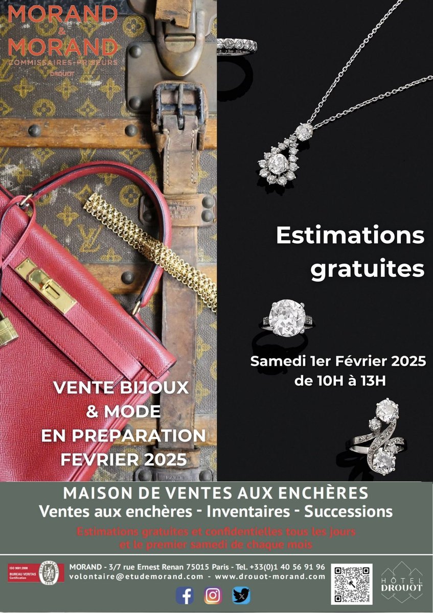 MorandAuction's tweet photo. ✨ EXCEPTIONNEL ! ÉVÉNEMENT BIJOUX-MODE EN FÉVRIER 2025  CHEZ MORAND&amp;MORAND ✨

🔎 ESTIMATIONS GRATUITES &amp; CONFIDENTIELLES - VENTE EN PRÉPARATION 
📅 Samedi 1er février 2025
🕙 De 10h à 13h
…et tous les jours de la semaine !

📍 3 rue Ernest Renan 75015

https://t.co/IBh1kWnz7X https://t.co/QsF9sW4NT7