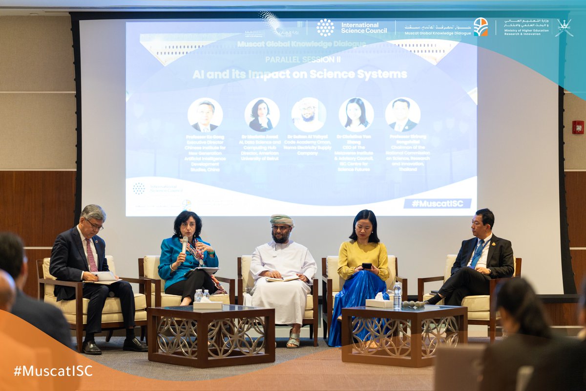 RIA_OMAN's tweet photo. #MuscatISC 
Parallel session – Artificial intelligence and its impact on science systems

With guided use of AI, there are wide opportunities to advance science. What are these opportunities and how are we preparing for them? 
#MuscatGlobalKnowledgeDialogue https://t.co/SAgfWz50if