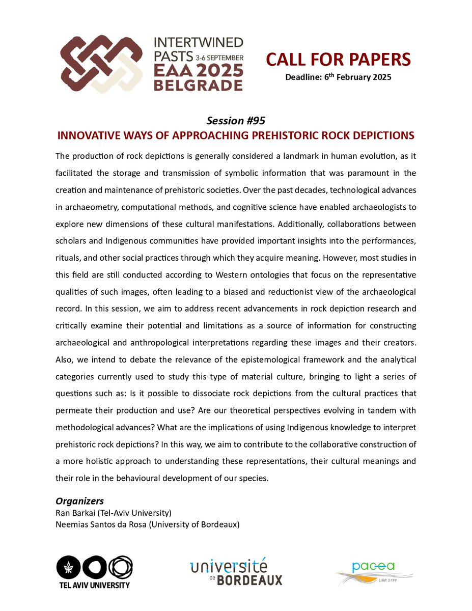 NeemiasSdR's tweet image. Call for Papers EAA 2025: INNOVATIVE WAYS OF APPROACHING PREHISTORIC ROCK DEPICTIONS (Session #95) 🔽
