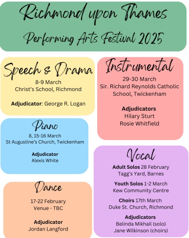 RICHMOND UPON THAMES PERFORMING ARTS FESTIVAL 2025 <a href="/RichmondFest/">Richmond Festival</a>

Celebrating and supporting Music, Dance, Speech &amp; Drama in Richmond across all ages and abilities.

Affiliated to the British and International Federation of Festivals (BIFF)

For details: artsrichmond.org.uk/whats-on