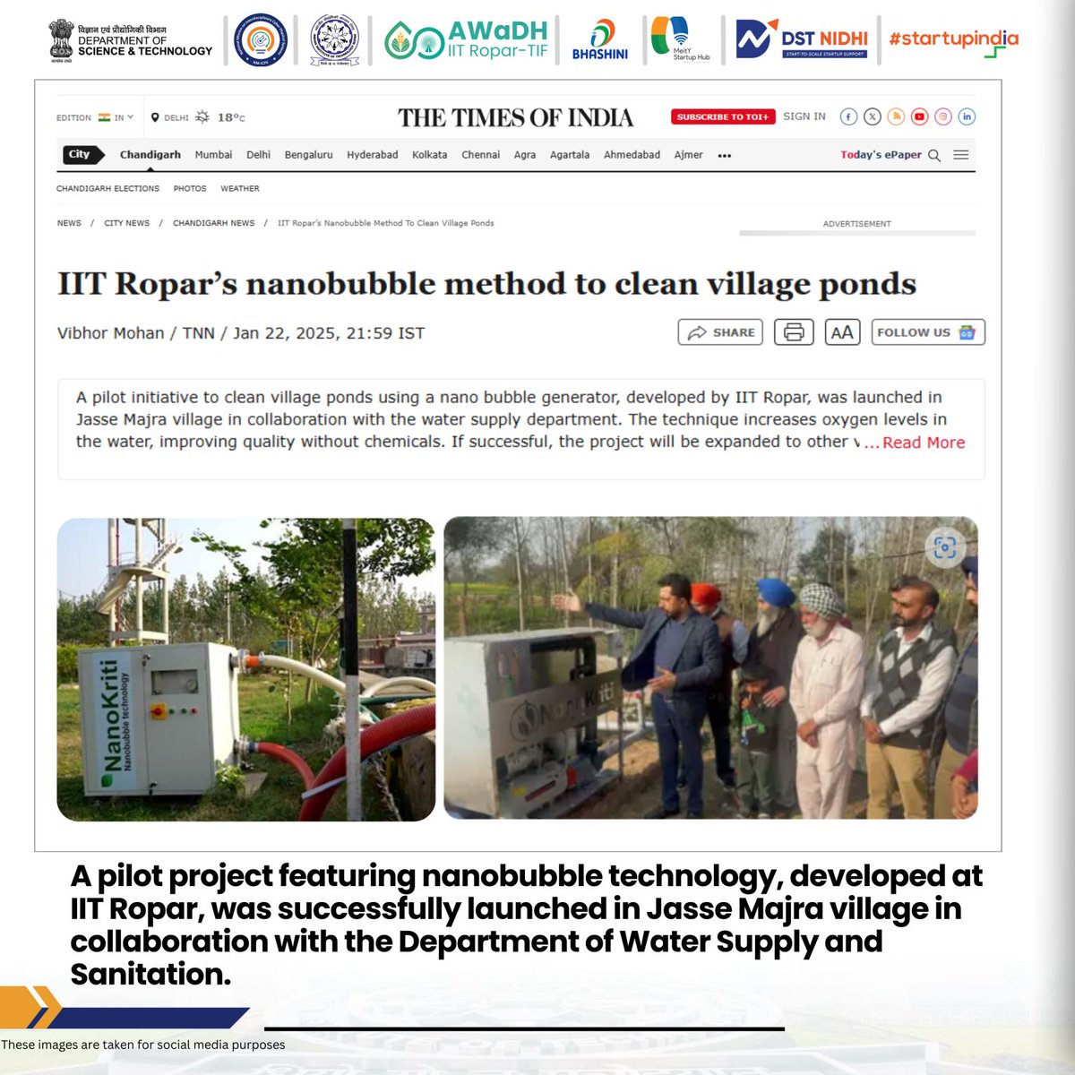 AWaDH_IITRopar's tweet photo. iHub - AWaDH @ IIT Ropar and Nanokriti Pvt. Ltd. introduce #Nanobubble technology for sustainable pond management in Jasse Majra village, enhancing water quality naturally.
#WaterManagement #iHubAWaDH #IITRopar #SustainableDevelopment #EcoFriendlySolution https://t.co/KWftSgHcxD