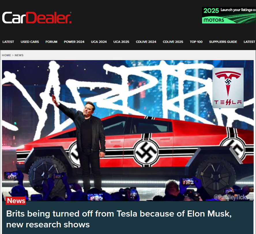 docrussjackson's tweet image. He's gonna be führious about this too!🙋‍♂️🤣

'Nearly two-thirds of British car buyers are put off from buying #swasticars because of @elonmusk. 59% of current EV owners &amp;amp; those intending to purchase one say Musk’s influence deter them going for a #TeSSla'.

cardealermagazine.co.uk/publish/brits-…