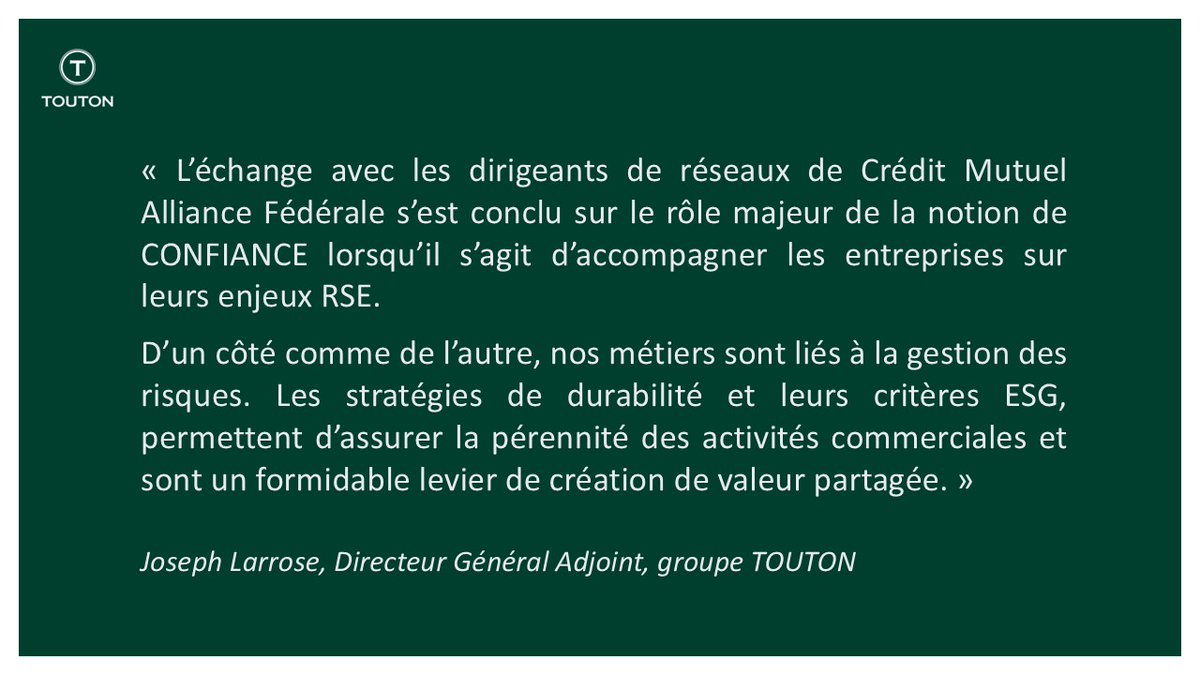 Touton (@touton_group) on Twitter photo La transformation durable des filières tropicales s’opère à tous les niveaux. Honorés d'avoir pu témoigner des atouts de l’intégration de la durabilité au cœur de notre modèle d’affaire par notre partenaire bancaire @CIC <a href="/CreditMutuelAF/">Crédit Mutuel Alliance Fédérale</a> lors de sa convention marché entreprise. La transformation durable des filières tropicales s’opère à tous les niveaux. Honorés d'avoir pu témoigner des atouts de l’intégration de la durabilité au cœur de notre modèle d’affaire par notre partenaire bancaire @CIC <a href="/CreditMutuelAF/">Crédit Mutuel Alliance Fédérale</a> lors de sa convention marché entreprise.
