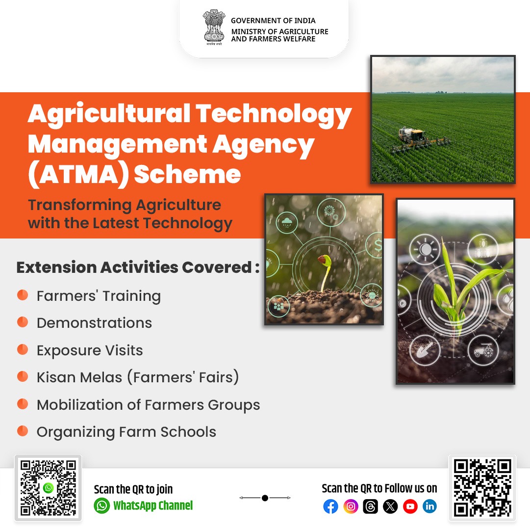AgriGoI's tweet image. Agricultural Technology Management Agency (ATMA) Scheme is revolutionizing agriculture by introducing cutting-edge technology to farmers. Through a variety of extension activities such as training sessions, demonstrations, exposure visits, Kisan Mela&apos;s, farmer group mobilization…