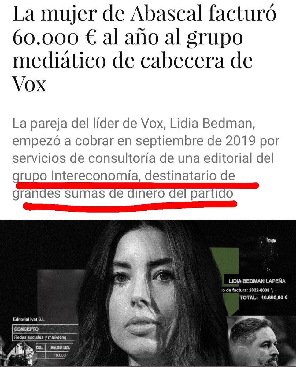 “La mujer de Abascal cobró 63.600 euros al año de una editorial de Intereconomía, grupo vinculado a Vox que recibe grandes cantidades de dinero del partido. Lidia Bedman emitió más de una decena de facturas…” elconfidencial.com/espana/2025-01…

🔴VER MI INFORME👉 youtu.be/9eCEV8GdiC0?si…