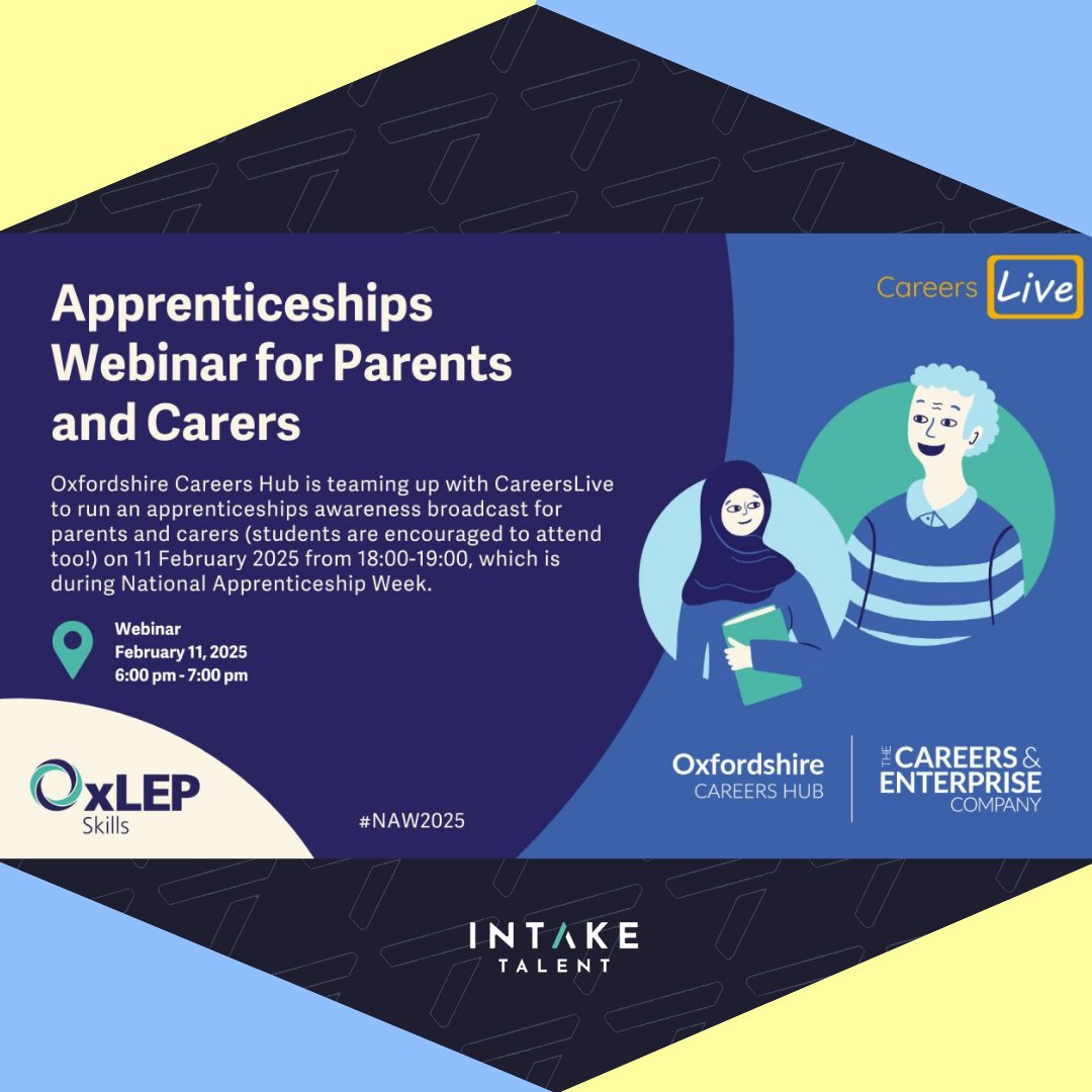 Intaketalent's tweet image. Join us for a complimentary webinar hosted by the Oxfordshire Careers Hub, where we&apos;ll delve into the numerous opportunities available to support your young person&apos;s journey to success.

Register now  lnkd.in/eSKQEjWu

#intaketalent #webinar #apprenticeships #oxlepskills