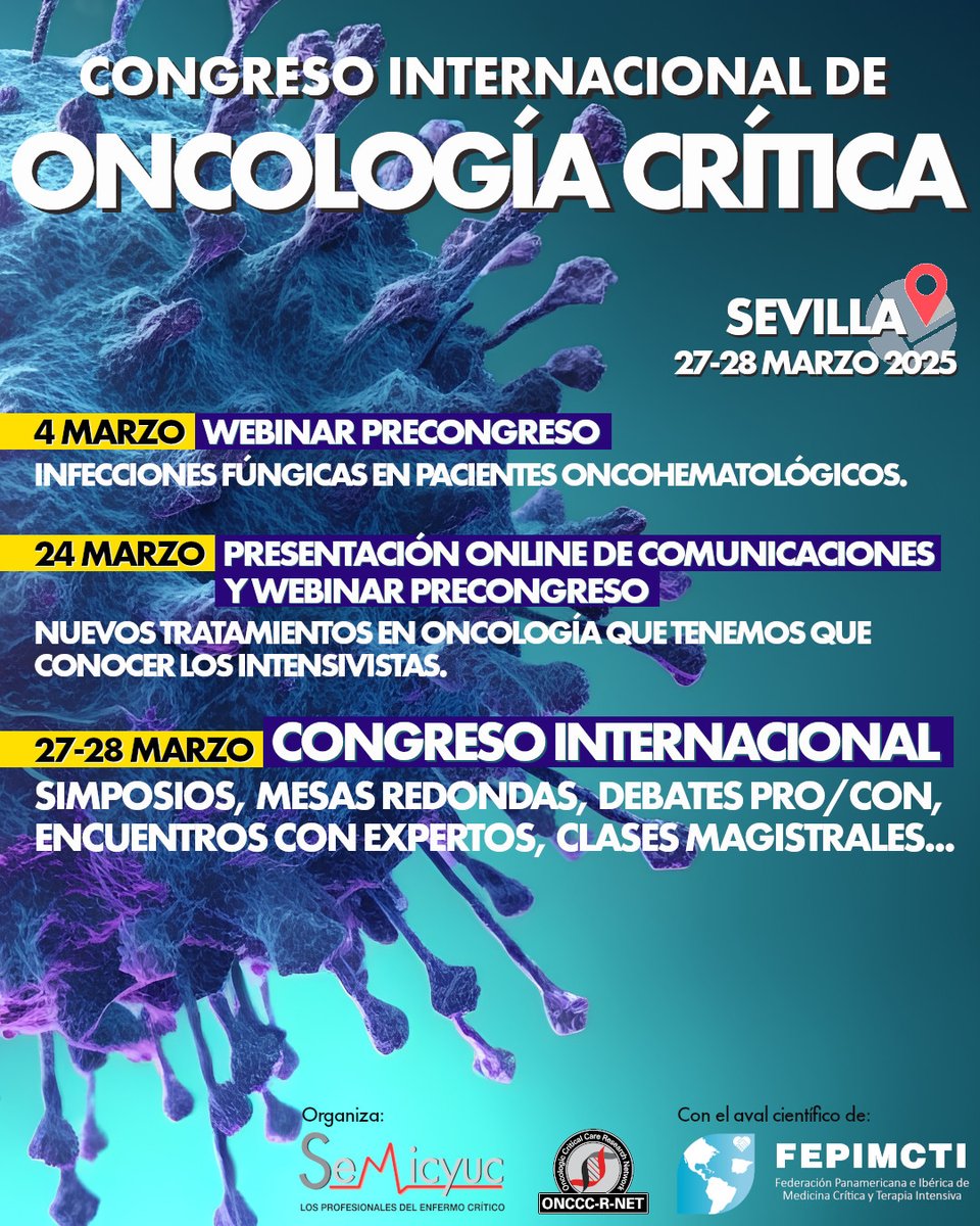 📌 El 27 y 28 de marzo celebramos en Sevilla el Congreso Internacional de Oncología Crítica.
📋 Puedes inscribirte en modalidad online o presencial, o solo a los webinar.
👉 Consulta el programa científico y reserva tu plaza en semicyuc.org/congresooncolo…
¡No lo dejes para el último