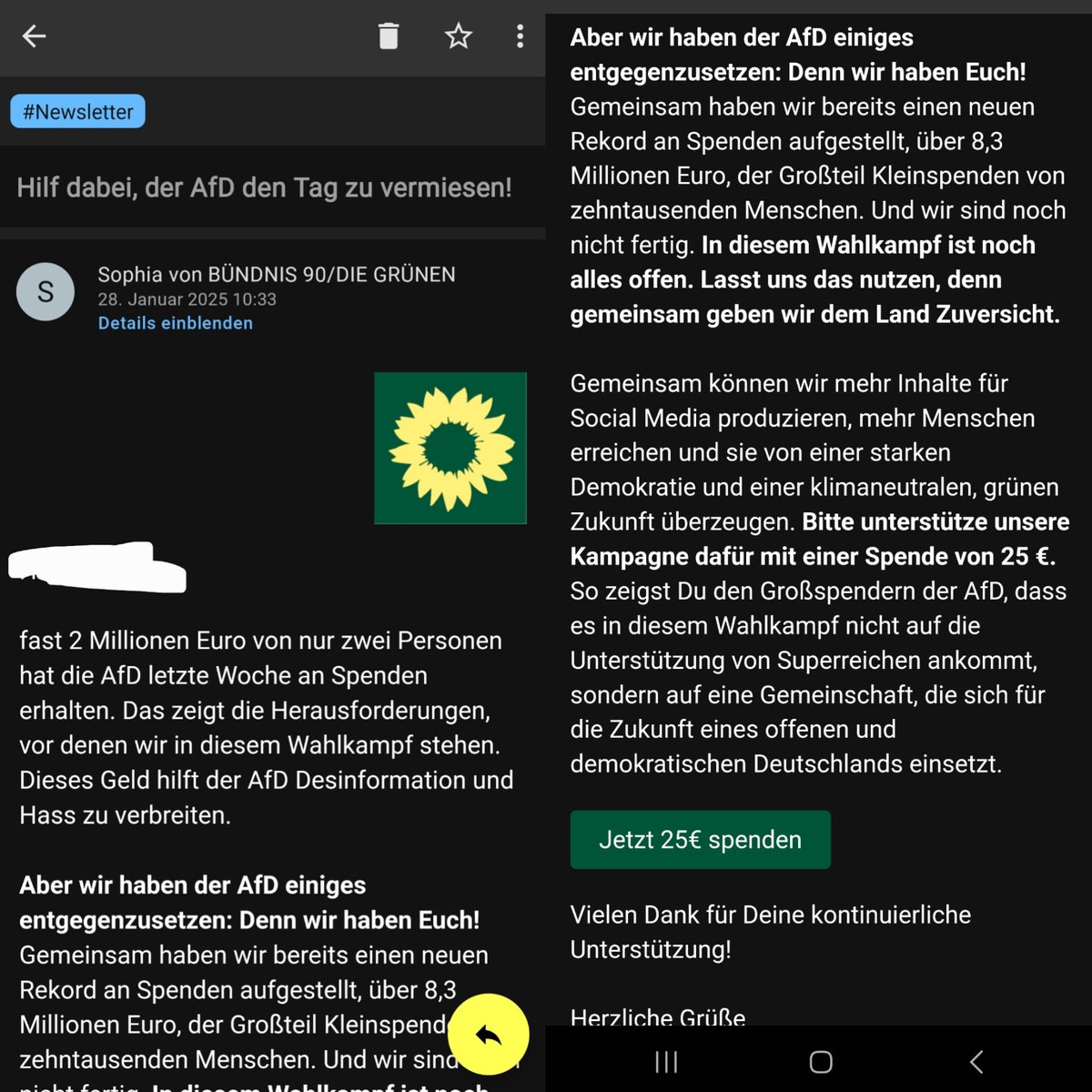 DavidSurmann's tweet photo. Sind die Grünen etwa neidisch 🤣 das die Afd innerhalb kürzester Zeit 2 Millionen Euro an Parteispenden generieren konnten? 

Ober wieso wird aktuell gerade diese Rundmail an die Mitglieder versandt? 

Und in der E-Mail bittet man dann selbst um Spenden 🤣🤣
#Grüne #afd @BILD https://t.co/tAFwskIVIe