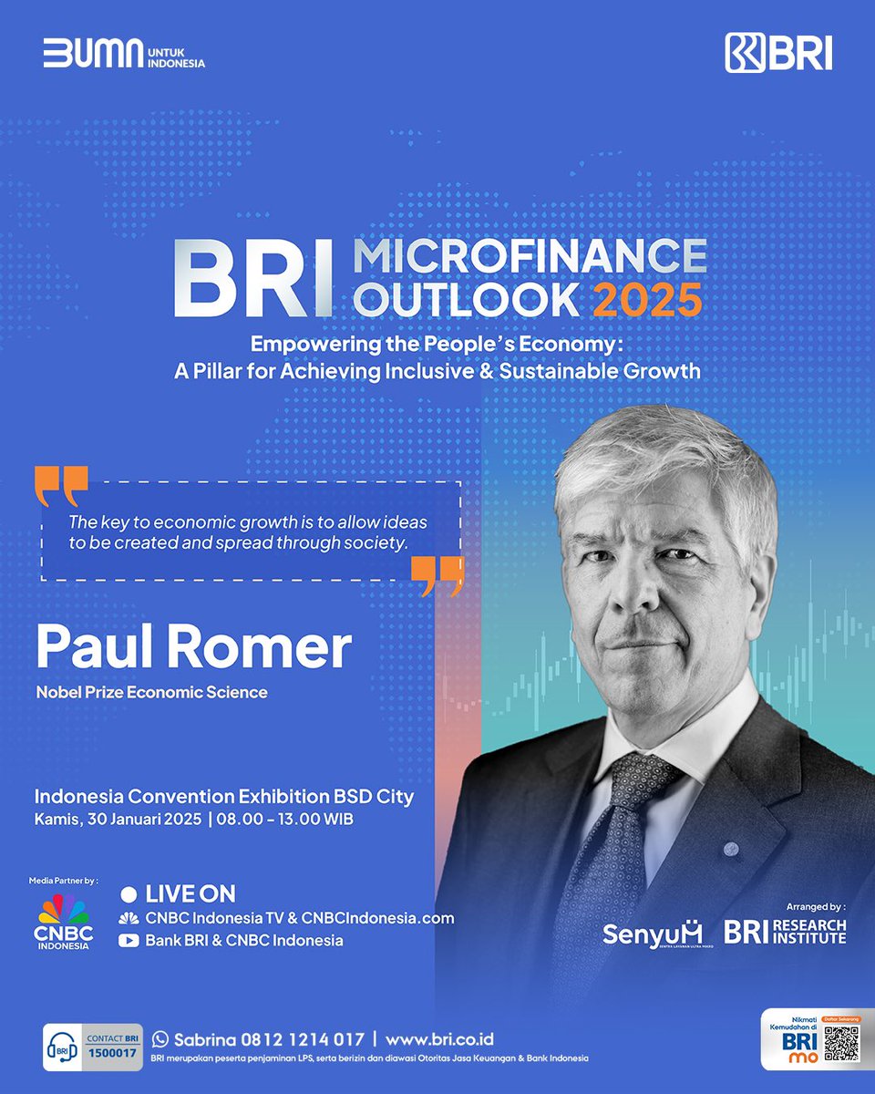 BANKBRI_ID's tweet photo. Paul Romer sebagai Nobel Prize Economic Science, akan hadir dalam event tahunan BRI Microfinance Outlook 2025. Jangan lewatkan, BRI Microfinance Outlook 2025 hanya di YouTube Bank BRI!

#BRI
#BRIUMKMEXPORT
#BRIUMKMEXPORT2025 https://t.co/XAAtUkIJOZ
