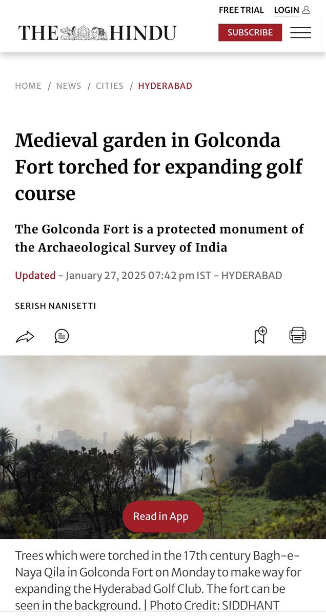17th century garden in the Golconda fort has been torched under ASI’s consent to make room for a golf course. Heartbreaking and shameful ! 
Plugging this piece on gardens in Indian history by <a href="/KapadiaAparna/">Aparna Kapadia</a> for <a href="/scroll_in/">Scroll.in</a> 

amp.scroll.in/article/101293…