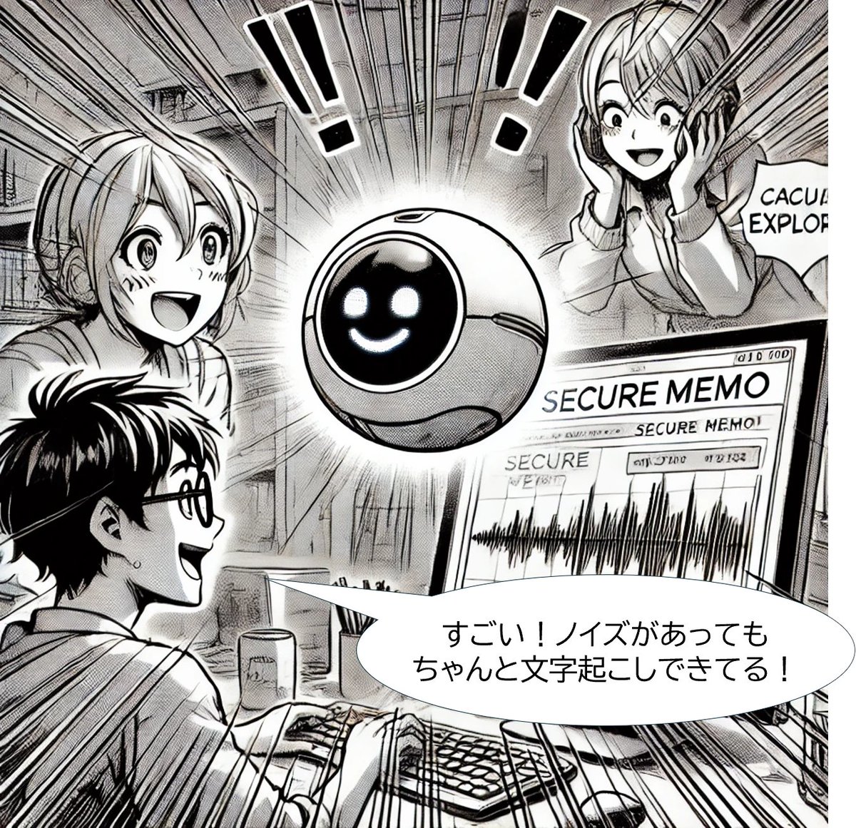 AI_Tankentai's tweet photo. 文字起こしツール「SecureMemo」を試してみたよ!🎙✨ ノイズの多い音声でも驚きの精度!しかも話者特定まで自動!🌟 仲間と感動の四コマ漫画、ぜひチェックしてね!📚 #AI探検隊ちゃん #SecureMemo #AI文字起こし #生成AI
SecureMemoの解説記事はコチラ↓!
https://t.co/QFja3rmUt8 https://t.co/yONRl0IMLp
