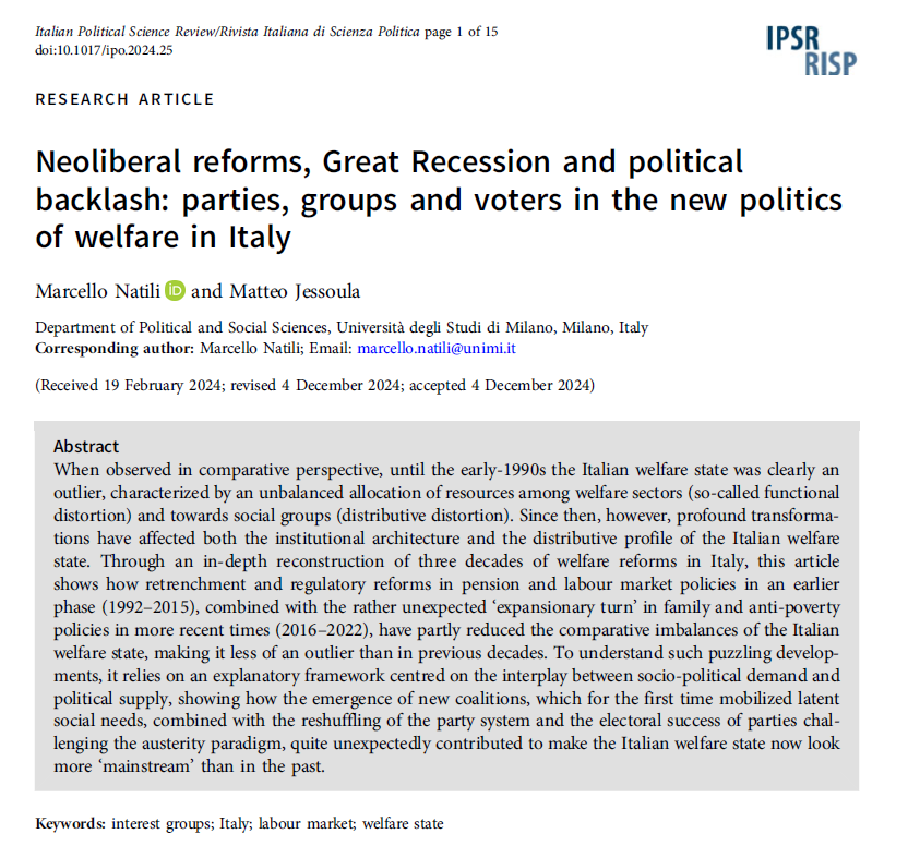 Ita_PolSc_Rev's tweet photo. Interested in the politics of #welfare state❓
M.Natili &amp; @MatteoJessoula examine welfare reforms in Italy 1992–2022.They show that sociopolitical demands &amp; political supply have made the 🇮🇹Italian welfare more mainstream and less of an outlier
#OpenAcess▶️https://t.co/XqINJRL0MX https://t.co/z18507qMM4