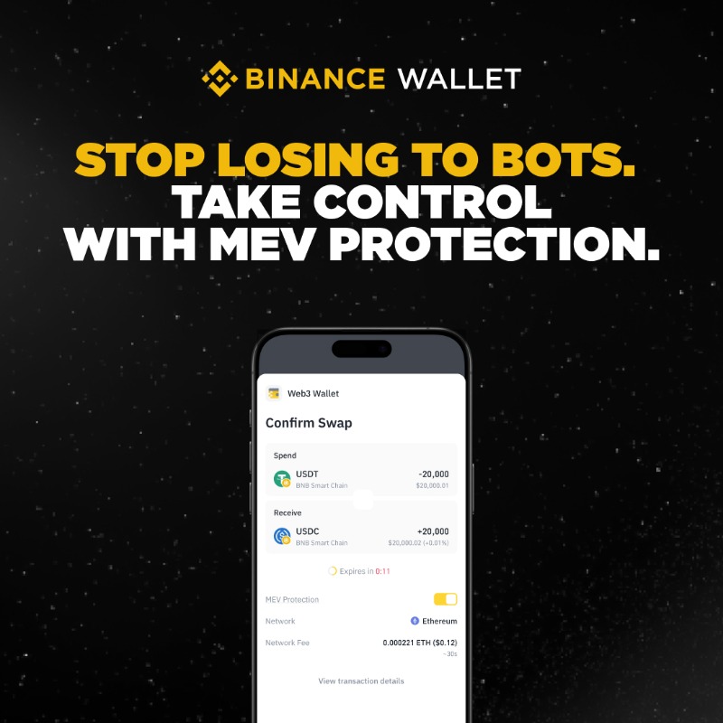 BinanceWallet's tweet photo. Stop losing to bots! 
Use MEV Protection on Binance for better prices and safer trades. 

Just toggle the option when swapping! 🔐