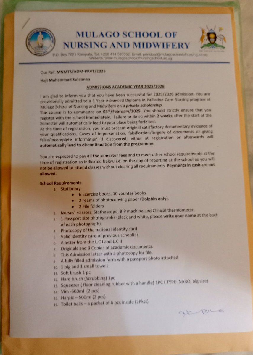 BinSulaimah's tweet photo. Hello, 
Good afternoon
Am kindly requesting for financial help so that I can b able to pursue a 1 year advanced diploma in palliative care nursing at Mulago School of Nursing and Midwifery.
Attached are the admission letter and the fees structure. 
I will be grateful for ur help https://t.co/ibMut95K2q
