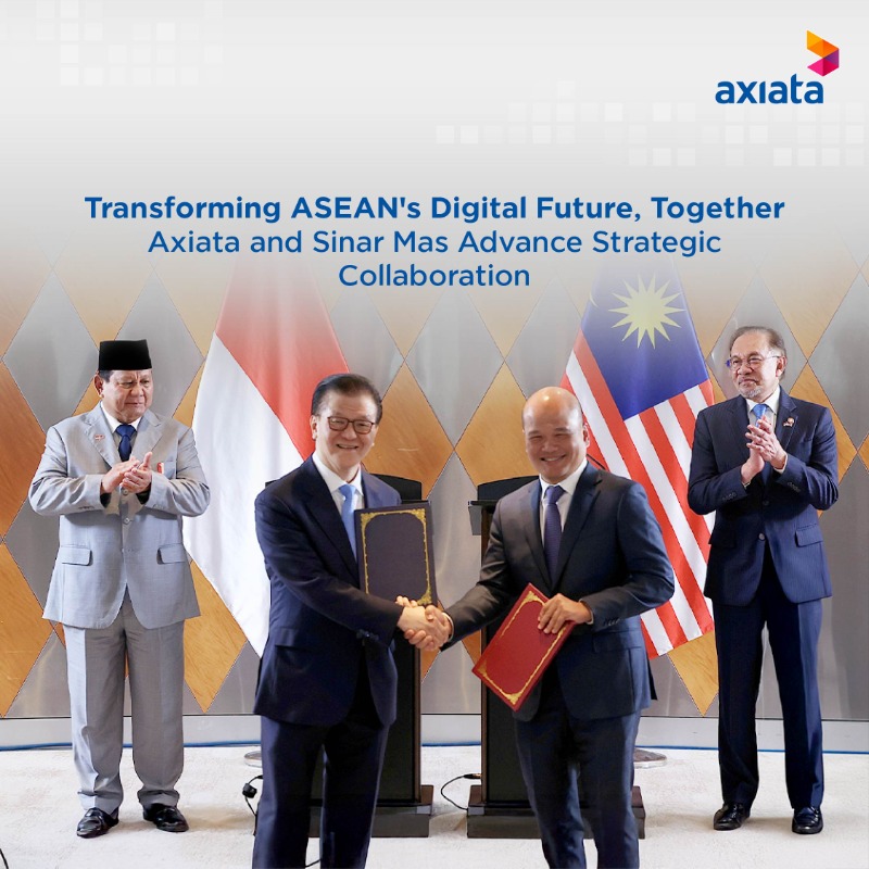 axiata's tweet photo. In a landmark partnership, Axiata Group Berhad and Sinar Mas forge ahead through two strategic Letters of Intent, pioneering Malaysia and Indonesia's shared vision of a thriving, inclusive digital economy.​

#AdvancingAsia #ThisIsAxiata