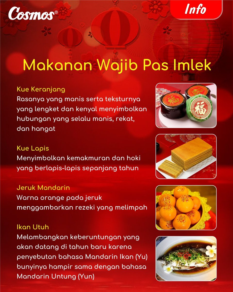 cosmosonline's tweet photo. Besok udah imlek, nihh. Biasanya di rumah mereka yang merayakan akan penuh dengan makanan enak. Ternyata, makanan-makanan yang biasanya ada saat imlek itu punya arti dan harapannya masing-masing, lohh 🤩
#BanggaCosmos #makanankhasimlek #airfryerovencosmos #cafo #mixercosmos https://t.co/TmWgkx4J8a
