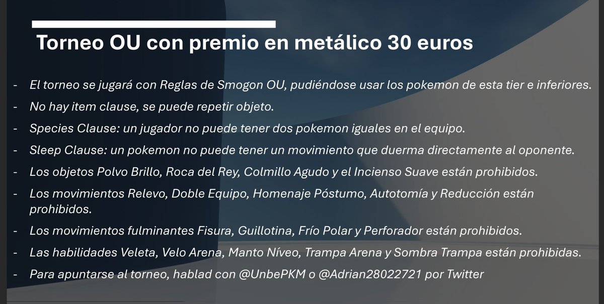 UnbePKM's tweet photo. Buenas!
Este Domingo 2 Febrero de 17 a 20 hora Española organizaré un torneo de Pokémon Singles OU Smogon. 
Se otorgará un premio en metálico para el ganador al final del torneo. 
Tenéis las instrucciones en esta imagen. 
Si sale bien, será el inicio de algo grande. Os espero! https://t.co/Rt9M9SWq1u