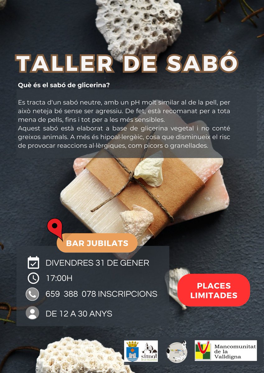 🌿✨ Taller de Sabó de Glicerina ✨🌿
Vols aprendre a fer sabó de manera divertida? 🎨💧
Aquest divendres 31/01 a les 17h al bar dels jubilats de Simat. Si tens entre 12 i 30 anys, inscriu-te (places limitades)!
📲 Apunta't al 659 388 078!
T’esperem! 👋😉 #Simat #TallerDeSabó