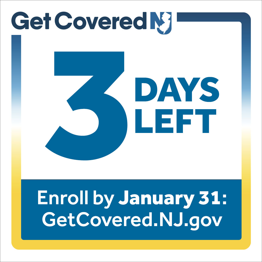 NJStateDept's tweet photo. There are only 3 days left to enroll in health insurance through @GetCoveredNJ before the January 31 deadline! Eligible residents can qualify for coverage with low or no monthly premiums. #ShopandCompare to find a plan that fits your needs and budget: https://t.co/0Fd056kPEV https://t.co/EFM9Bmlfqq