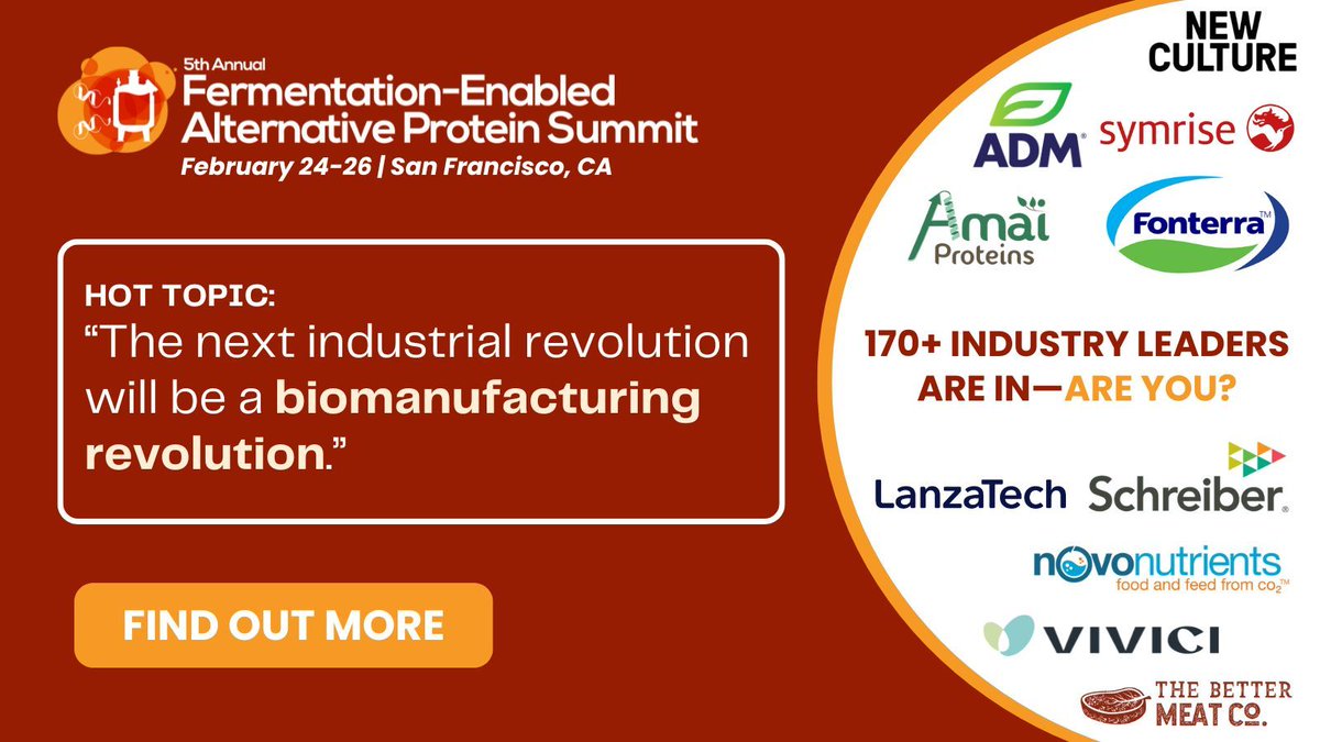 cellagritech's tweet image. Join the 5th Fermentation-Enabled Alternative Protein Summit to connect with industry leaders and explore cutting-edge strategies to unlock #fermentation’s potential to commercialize innovative ingredients and products #featuredevent

Find out more: buff.ly/4auKwgt