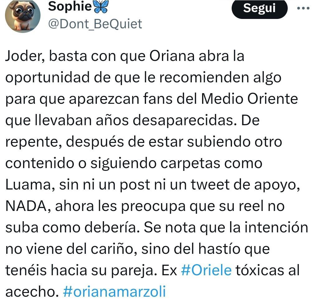 Se llama
Lauma tengo derecho de seguir y shipar a quien me da la gana que sepa estuvimos con Oriana en ganar o servir con todos los parapentes hasta que llego a Madrid … Segundo reality he decido respetar y no verla por que era con su pareja y como no es santo de mi devoción mi