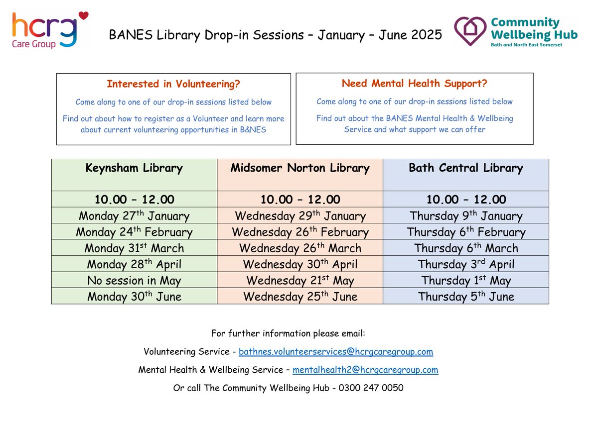 Come along and meet us for an informal chat about volunteering, mental health support and general wellbeing advice.  Our next drop-in session is tomorrow Wednesday 29th January at Midsomer Norton Library between 10.00 &amp; 12.00.
