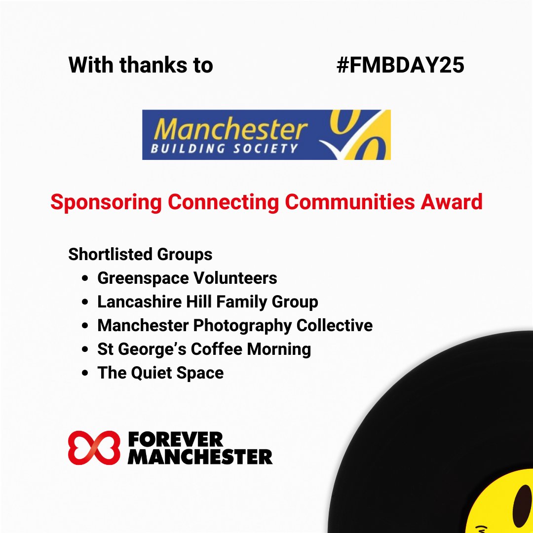 Thanks to <a href="/ManchesterBSoc/">Manchester Building Society</a> for sponsoring our Connecting Communities award at our Birthday Party! The shortlist is: Greenspace Volunteers, Lancashire Hill Family Group, Manchester Photography Collective, St George’s Coffee Morning, The Quiet Space. #FMBDAY25 #ForeverManchester