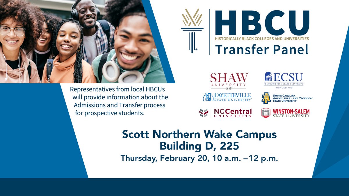 Want to learn more about the admissions &amp; transfer process for local HBCUs? Join us for the HBCU Transfer Panel on Feb. 20th to hear directly from local HBCU reps!   

⌚️February 20th, 10am-12pm 
📍 North Campus - Building D, Room 225  

#waketechadvise #transfer #HBCU