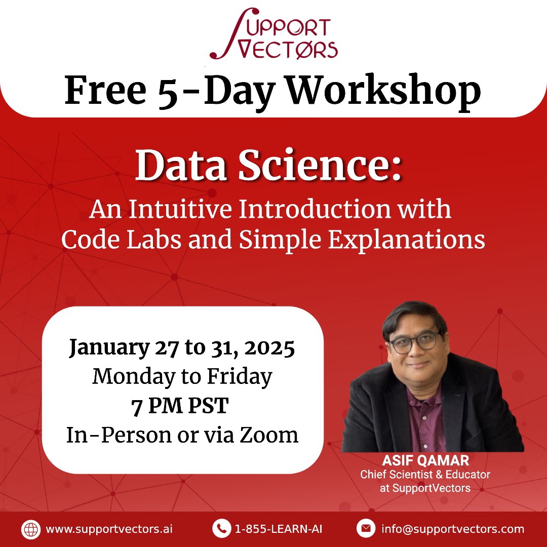 supportvectors's tweet image. Free 5-Day Course: Unlock the Power of Data Science and Machine Learning!
Join us tonight (Jan 28th) at 7:00 PM - 10:00 PM PDT to unlock the power of regression analysis!
What You'll Learn:
1. Linear Regression: The simplest way to predict outcomes
2. Multiple Regression:…