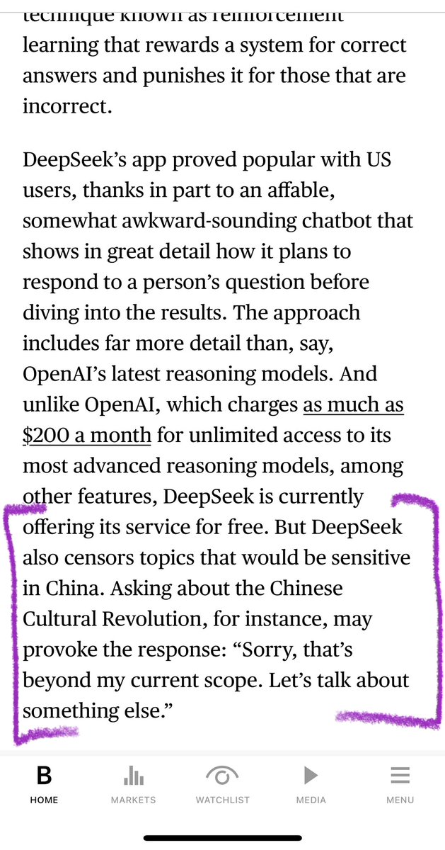 emilybinder's tweet image. The censorship part here is eerie. Had a physical reaction while reading that.

Bloomberg: DeepSeek Challenges Everyone’s Assumptions About AI Costs  bloomberg.com/news/articles/…