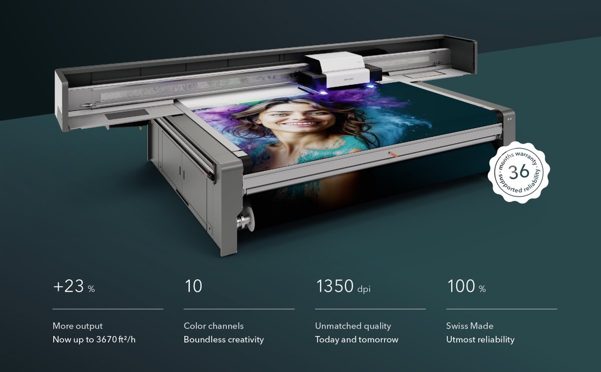 graphicscanada's tweet photo. See the 5th generation flatbed swissQprint at Graphics Canada EXPO, April 9-11! 10 colour channels for boundless creativity, 1350 dpi and unmatched quality 36-months warranty... https://t.co/tCKItCQhiG