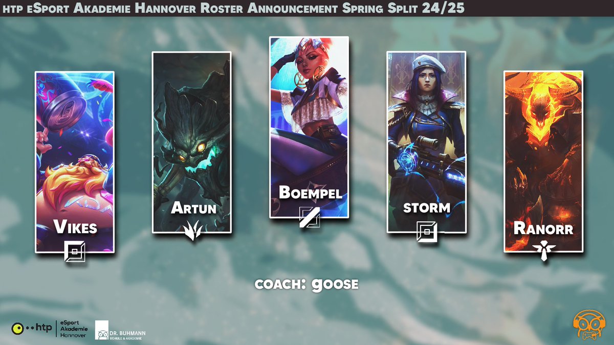 Für unser htp Akademie Team geht es Freitag los in ihren ersten Div 2 Split!

🔝<a href="/VikesLoL/">Vikes</a> 
🌳<a href="/artunlol/">Artun</a> 
🧙‍♂️<a href="/boemp_league/">Emil</a> 
🏹<a href="/storm_lol_ger/">storm</a> 
🛡️<a href="/Ranorrrr1/">Ranorr</a> 

📚<a href="/gooselol1/">goose</a> 
📔<a href="/Mid_Shiva/">Mid Shiva</a> 

Begrüßt die Jungs herzlich!