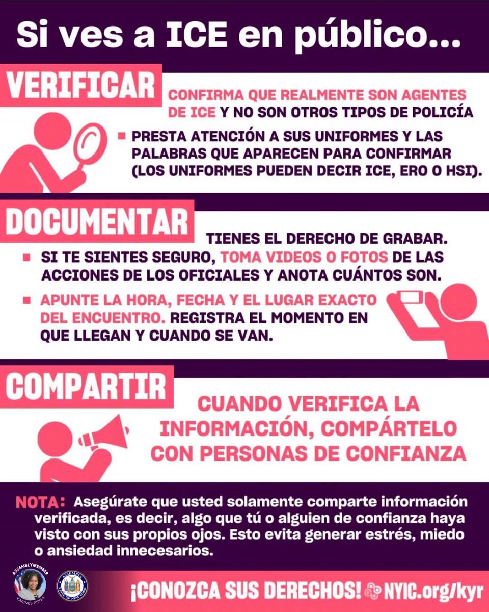 KarinesReyes87's tweet photo. ⚠️ Know Your Rights During ICE Encounters/Conoce Tus Derechos Durante Encuentros con ICE⚠️

1️⃣ VERIFY/VERIFICA 
2️⃣ DOCUMENT/DOCUMENTA
3️⃣ SHARE/COMPARTE

Learn more at: https://t.co/OIHzvqAMw4
Aprende mas: https://t.co/OIHzvqAMw4

Thank you @thenyic for this info for New Yorkers! https://t.co/n9Jh5GWKPw