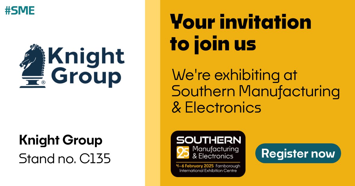 KnightGroupLtd's tweet image. Just 1 week to go until the Southern Manufacturing and Electronics Show 2025! Find us at stand C135 to explore our expanded range of precision materials and services.  Our team can't wait to meet you. Find out more at knight-group.co.uk #SMES2025