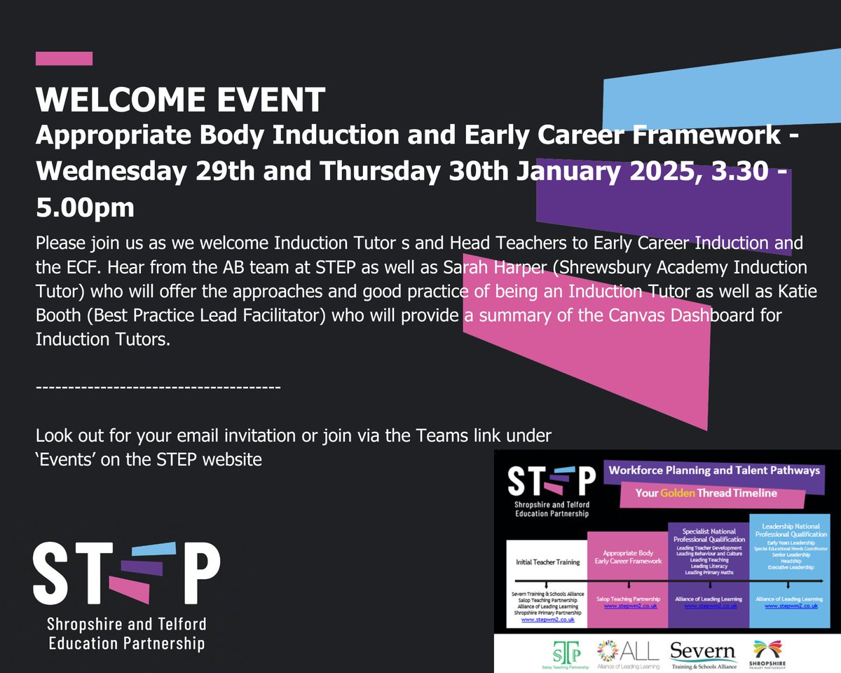 🗣️ Welcome Event!
AB and ECTs!
Hear from the AB team and Sarah  Harper  offering the  approaches and good practice of being an Induction Tutor and Katie Booth <a href="/bestpracticenet/">BestPracticeNetwork</a> providing  a summary of the Canvas Dashboard for Induction Tutors.
stepwm2.co.uk/newsandevents