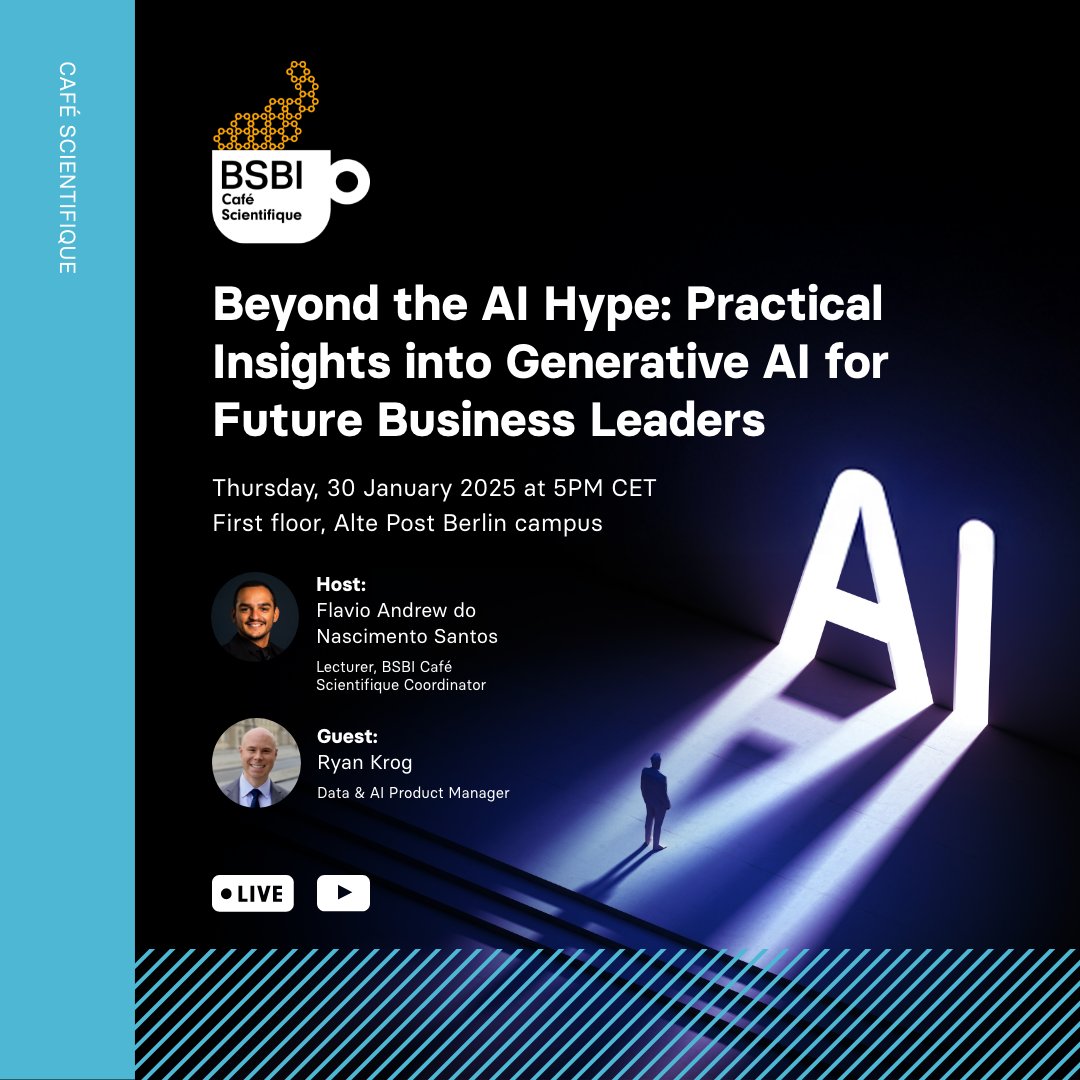 Join us for #CaféScientifique 22.0 on 30 January 2025 at 5PM CET! Explore the world of Generative #AI with Ryan Krog and learn how future business leaders can harness its power to reshape industries like #marketing, #design and #finance. Register now: cutt.ly/ie4I1PIm